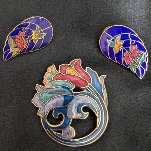 #53. Vintage Cloisonne Colorful Enamel Earrings and Brooch Set
